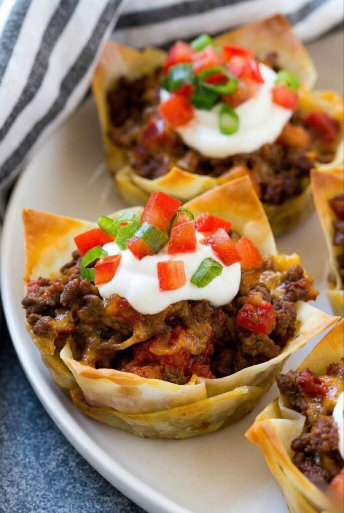 Mini Taco Cups in Wonton Wrappers (Easy Party Appetizer)