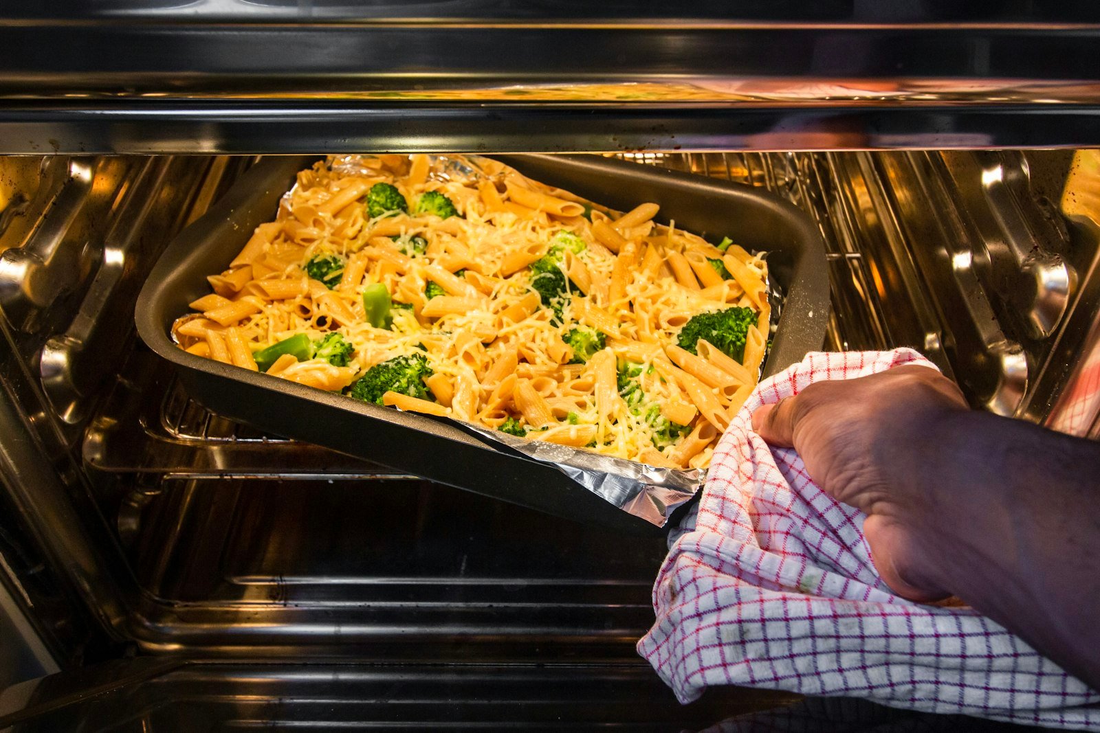 Pasta casserole coming out of the oven