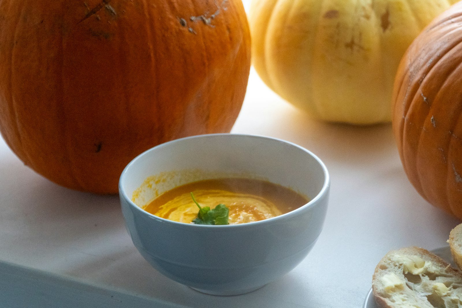Pumpkin soup in a bowl surrounded by fresh fall pumpkins