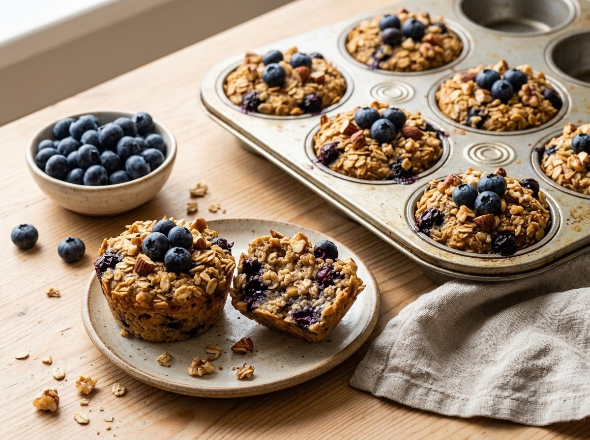 Blueberry baked oatmeal cups in a muffin tin with two cups served on a plate and a bowl of fresh blueberries
