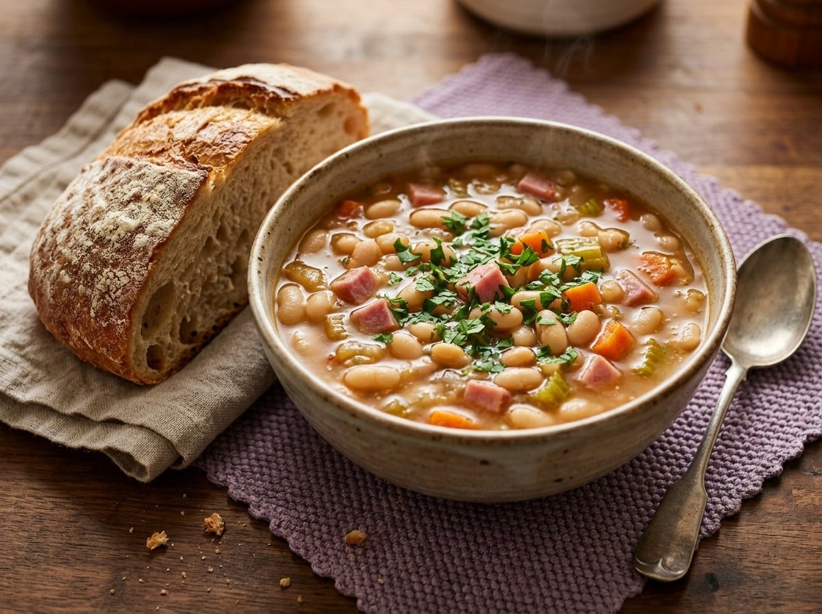 Rustic bowl of thick ham and bean soup with navy beans, diced ham, carrots and celery with a slice of crusty bread