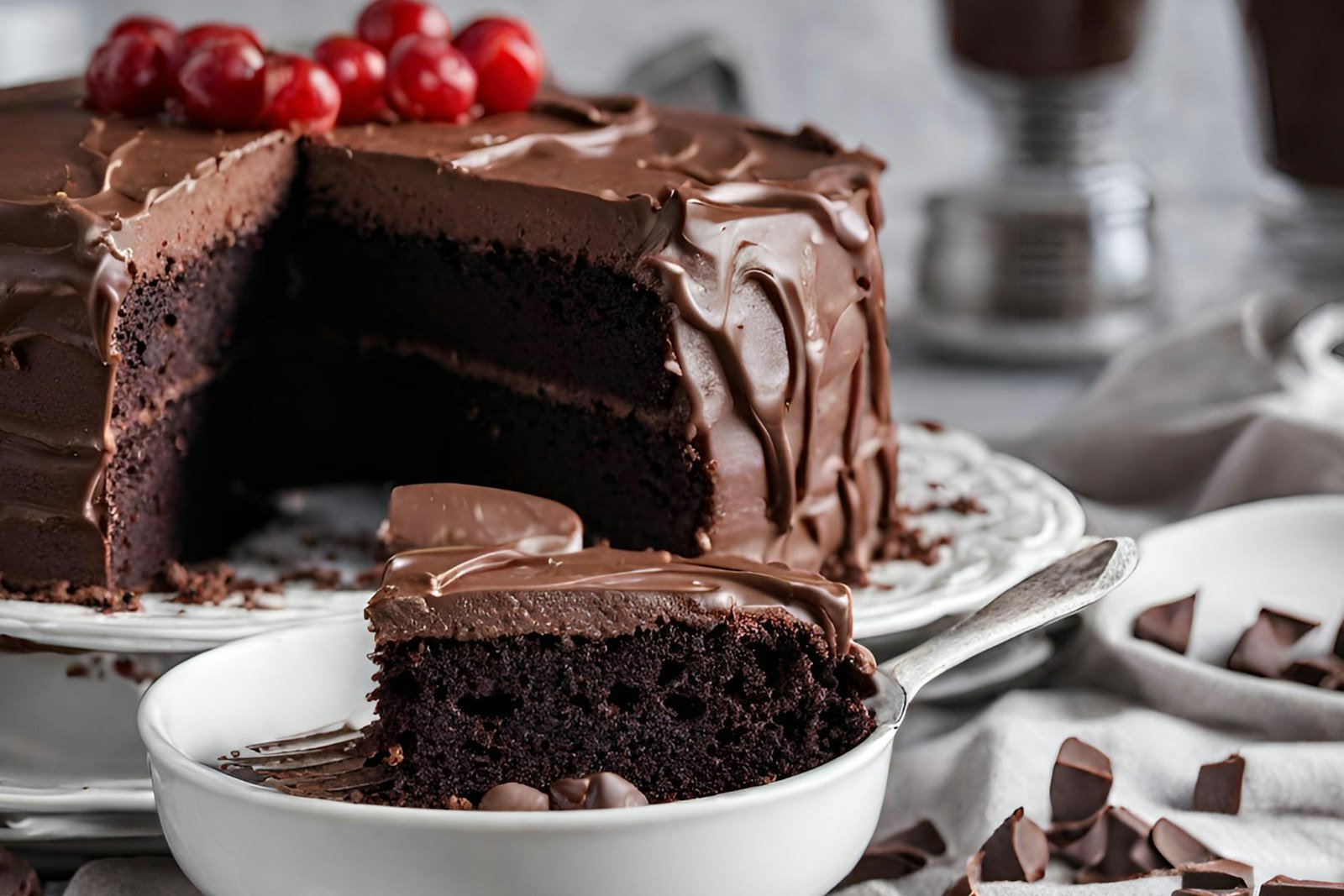A square of one bowl chocolate cake on a plate, showing the moist, dark crumb and a thick layer of creamy chocolate frosting