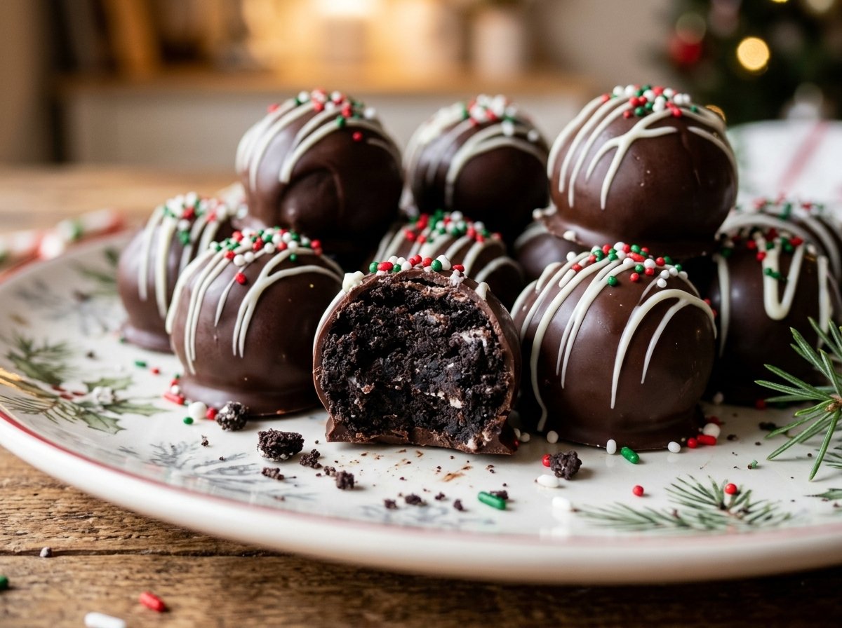 Chocolate-dipped Oreo balls with white chocolate drizzle and sprinkles, one cut open to show the cookie center