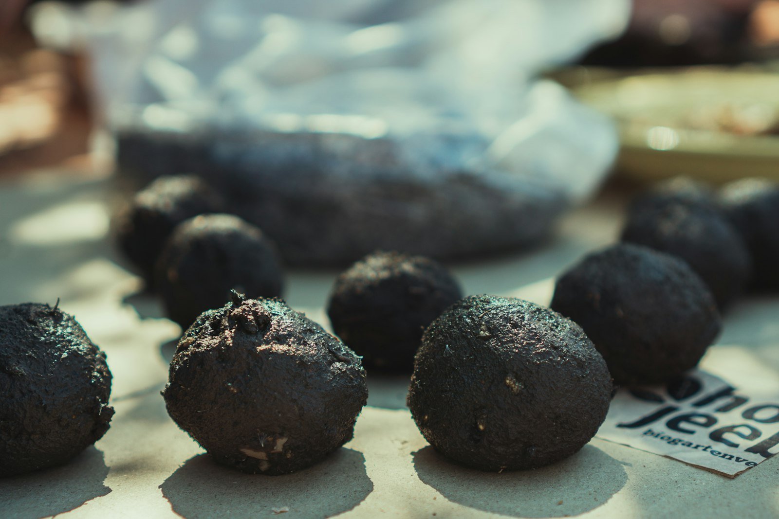 A close-up of an oreo ball being lifted from melted chocolate on a fork, with finished truffles lined up on parchment behind it