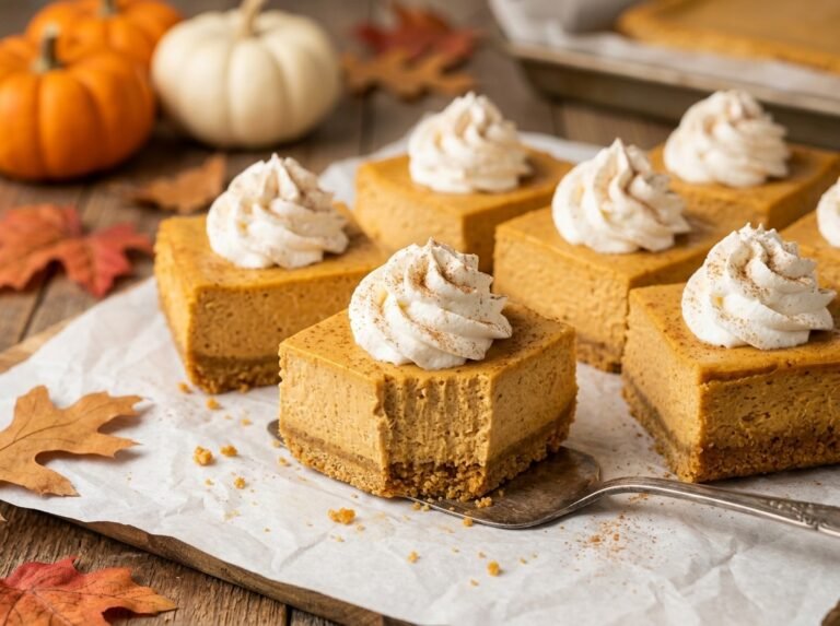 Squares of pumpkin cheesecake bars on a gingersnap cookie crust topped with whipped cream and cinnamon