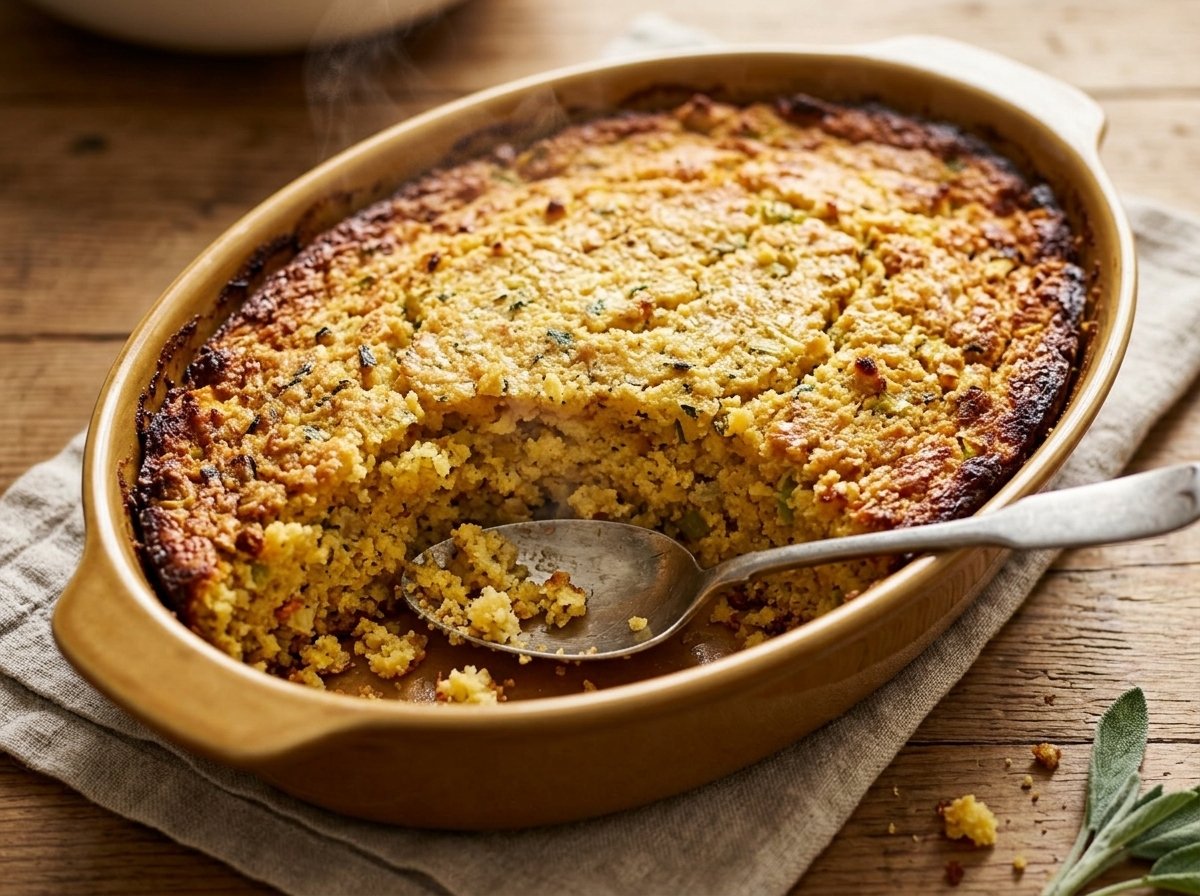 Golden baking dish of Southern cornbread dressing with crisp edges and a spoonful scooped out showing the moist interior