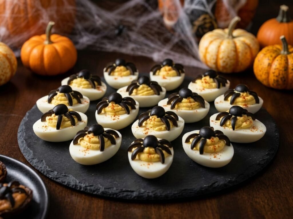 Halloween deviled eggs topped with black olive spiders on a dark slate platter with small pumpkins