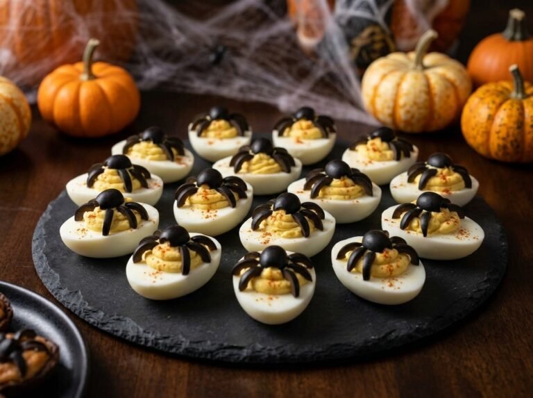 Halloween deviled eggs topped with black olive spiders on a dark slate platter with small pumpkins
