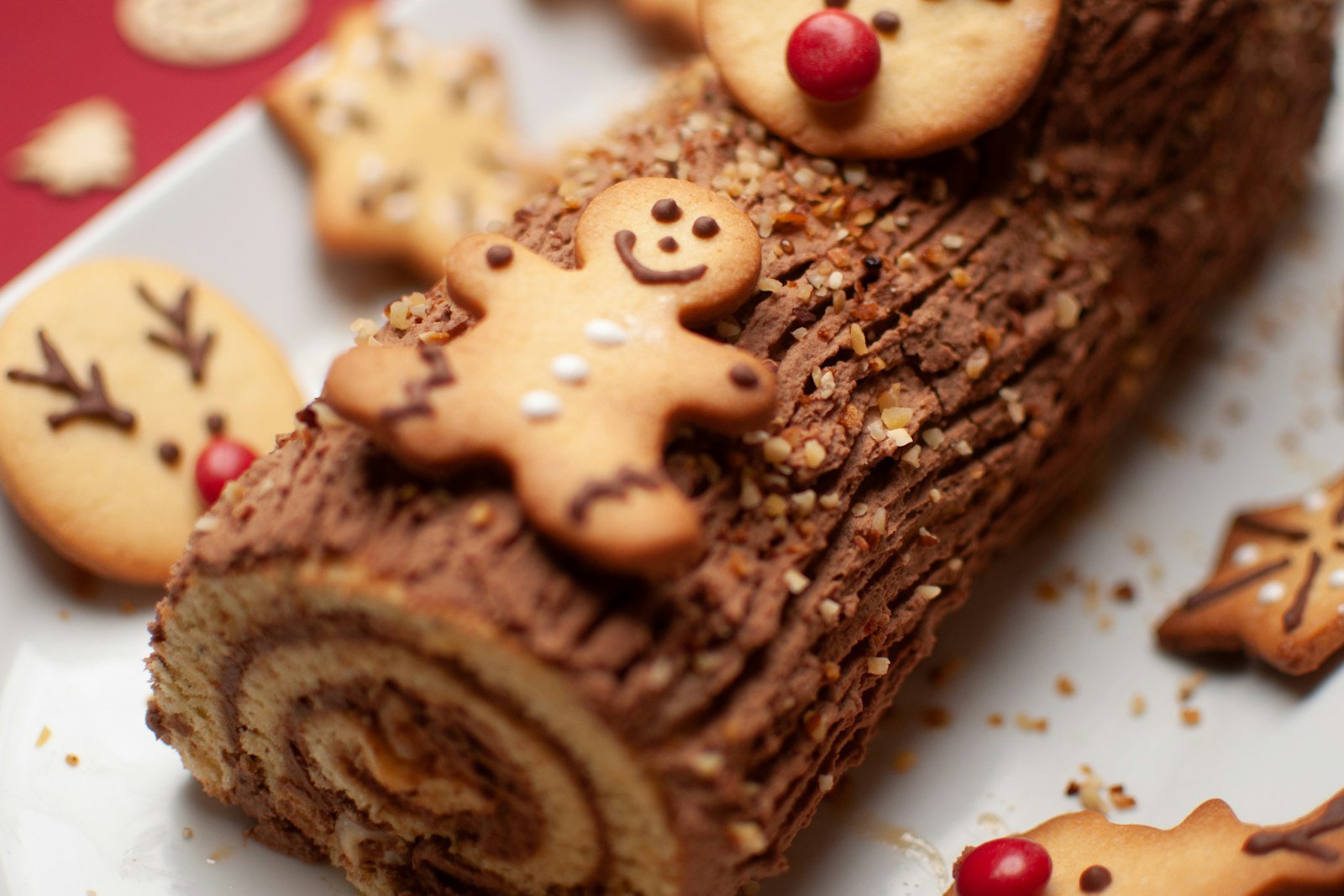 A chocolate yule log cake with ganache bark texture, a dusting of powdered sugar snow and sugared rosemary on a long platter